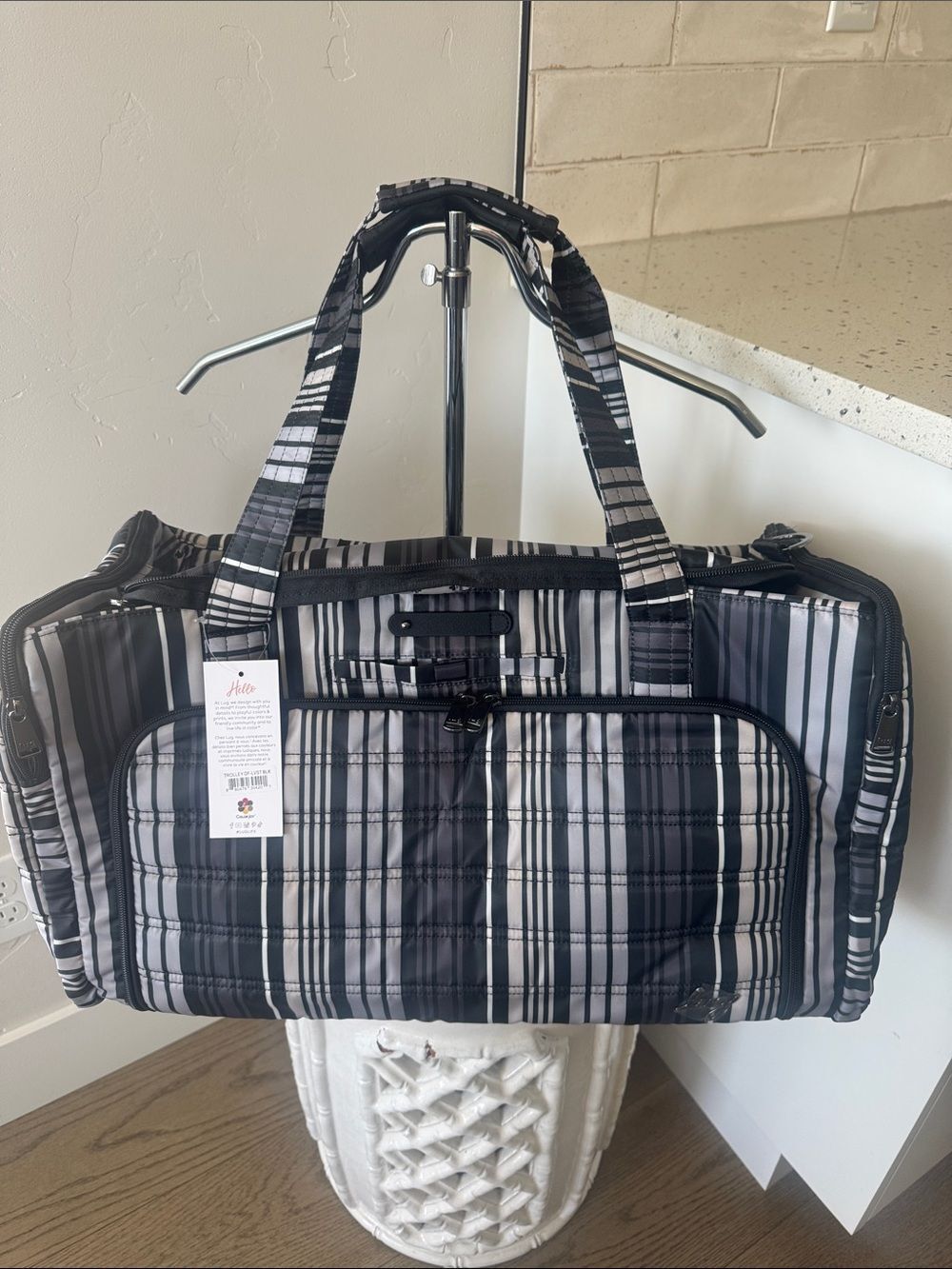 Lug Trolley Duffle Bag Love Stripe Black Gray Polyester Travel Multi Pockets NWT